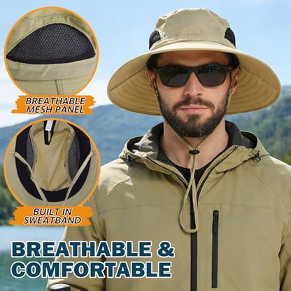 Wide Brim Sun Bucket Hat, Waterproof Boonie Hat for Men & Women - color: 01 Khaki