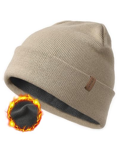 FURTALK Mens Winter Fleece Lined Knit Cuffed Beanie - color: Khaki