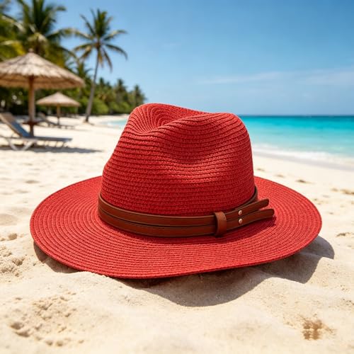 Sun Hat for Women Red Straw Summer Beach Sunhat Packable Foldable Wide Brim UPF 50+ UV Protection Bucket Garden hat
