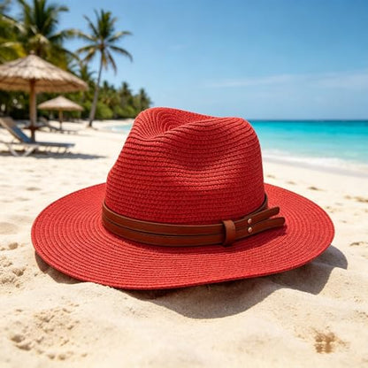 Sun Hat for Women Red Straw Summer Beach Sunhat Packable Foldable Wide Brim UPF 50+ UV Protection Bucket Garden hat