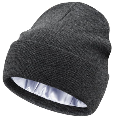 Satin Lined Knit Beanie Hat-100% Cotton Winter Hats for Women Men - color: 1-charcoal Grey