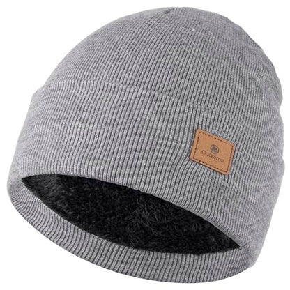 Ocatoma Winter Beanie for Men Women Cuffed Thick Knit Ski Hats Fleece Lined - color: Grey