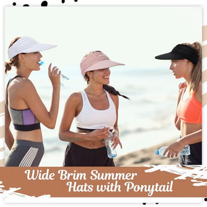 Skicuff 3 Pack Women Sun Visor Hat, Wide Brim Summer Sun Hats UV Protection Beach Ponytail Cap for Golf Hiking Sports - color: Black, White, Pink