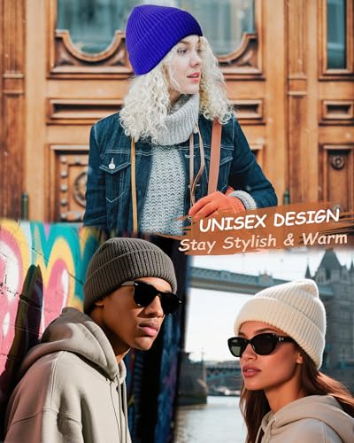 Wool Beanie for Men Women, Seamless Knit Cuffed Warm Winter Hats - color: 1pcs-blue