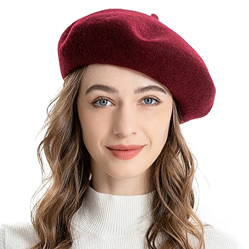 ZLYC Wool French Beret Hat Solid Color Classic Artist Cap for Women - color: Burgundy