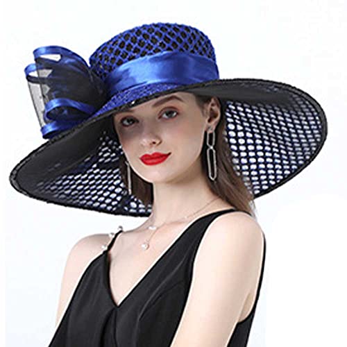 Women Party Church Derby Top Hats Organza Sun Visor Cap Ladies Flowers Fascinators Big Wide Brim Fedoras - color: Blue 1