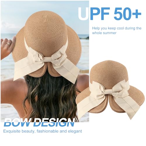 DRESHOW Sun Hats for Women Travel Fedora Foldable Beach Sun Hat Summer Wide Brim Straw Bucket Hat with Bowknot UPF 50+ - color: 1 Pack With Bowknot: Camel (Beige Band)