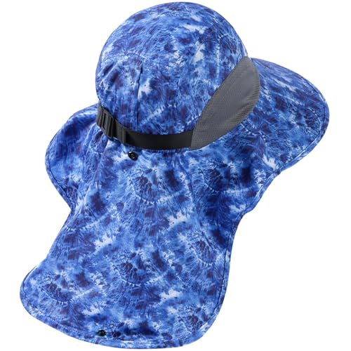 BASSDASH UPF 50+ Unisex Water Resistant Wide Brim Sun Hat with Large Neck Flap Ponytail Fishing Hat for Men Women - color: Blue Camo