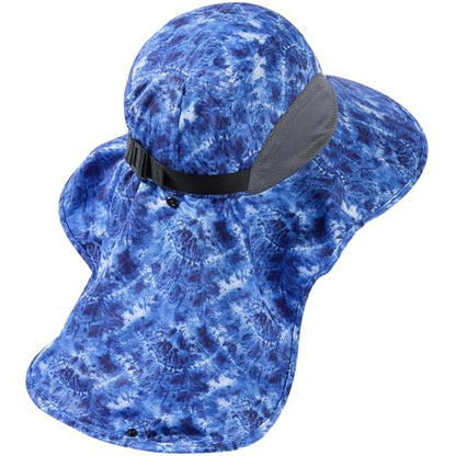 BASSDASH UPF 50+ Unisex Water Resistant Wide Brim Sun Hat with Large Neck Flap Ponytail Fishing Hat for Men Women - color: Blue Camo