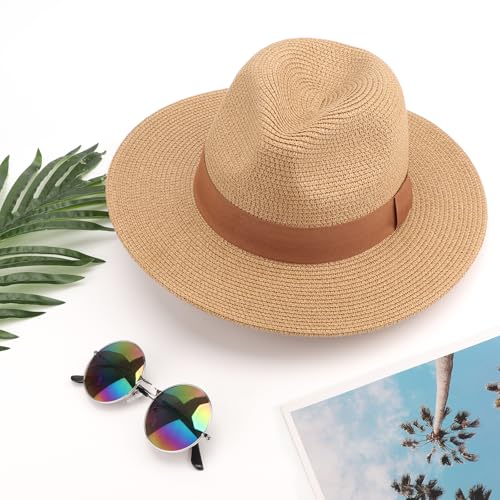 DRESHOW Women Straw Panama Hat Travel Fedora Beach Sun Hat Summer Wide Brim Straw Roll up Hats UPF 50+ - color: Fedora a Khaki (Brown Hatband)
