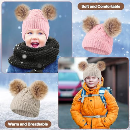 Geyoga 3 Pcs Winter Baby Beanies Double Pompom - color: Light Pink, Cream White, Khaki