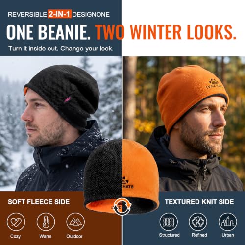 2 Pack Fleece Lined Beanie Hat Reversible Knit Skull Cap for Men Women - color: Black+blue