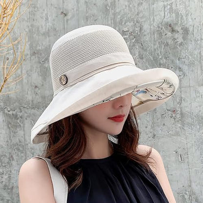 Summer Mesh Sun Hats for Women UV Protection Wide Brim Packable Bucket Hat - color: Beige