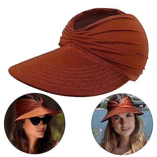 Sun Hat Women Beach Visor Cap UV Protection with Wide Brim Packable Summer Sport Ponytail Sun Cap - color: Coffee