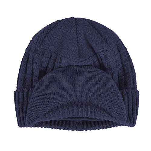 Original One Winter Wool Knitted Chunky Visor Beanie Hat with Brim Fur Lined Peaked Ski Cap - color: Blue