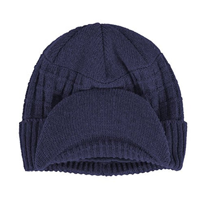 Original One Winter Wool Knitted Chunky Visor Beanie Hat with Brim Fur Lined Peaked Ski Cap - color: Blue