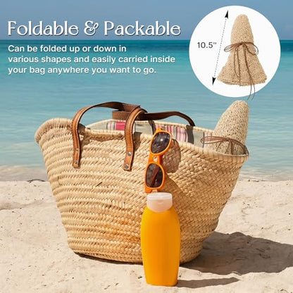 Beach Sun Hats for Women, Wide Brim Straw Hat, UPF 50+ UV Protection - color: Beige -String