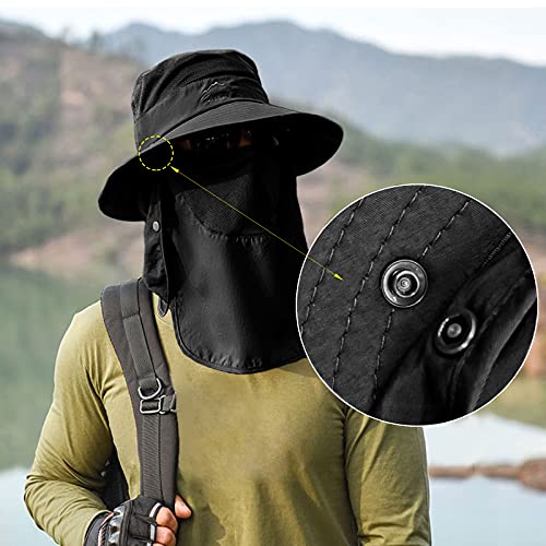 Fishing Hat for Men & Women, Sun Protection Hat with Face Cover & Neck Flap - color: Black