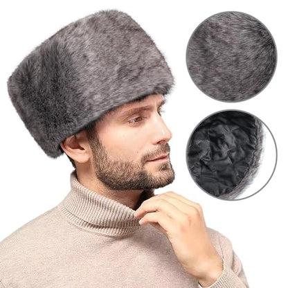 Men Winter Trapper Hat Faux Fur Russian Trooper Hat Furry Ushanka Hat Warm Dad Hat Outdoor Windproof Hunting Ski Cap - color: Gray