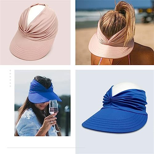 Sun Hat Women Beach Visor Cap UV Protection with Wide Brim Packable Summer Sport Ponytail Sun Cap - color: Blue