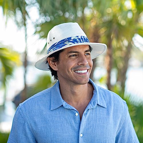 Panama Jack Woven Safari Hat - Matte Toyo Straw, 2 1/2" Brim, Tropical Print Hat Band - color: Brown, size: Medium