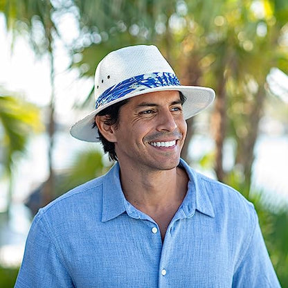 Panama Jack Woven Safari Hat - Matte Toyo Straw, 2 1/2" Brim, Tropical Print Hat Band - color: Brown, size: Medium