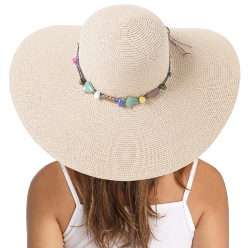 Lanzom Womens Wide Brim Straw Hat Big Floppy Foldable Roll up Cap Beach Sun Hat UPF 50+ - color: Rainbow Bead-beige