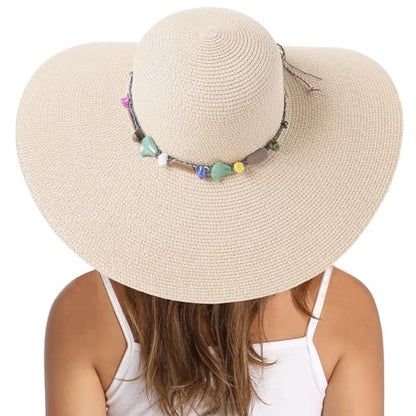 Lanzom Womens Wide Brim Straw Hat Big Floppy Foldable Roll up Cap Beach Sun Hat UPF 50+ - color: Rainbow Bead-beige