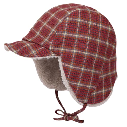 Reversible Winter Hat with Ear Flaps for Men Women Adult,Ladies Plaid Hat,Lamb Wool Lining Beanie Not for Kids - color: Plaid Red
