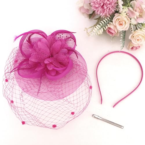 Semato Fascinators Hats for Women Mesh Feathers ElegantHot Pink Tea Party Kentucky Hat Derby Headband with Hair Clip - color: Hot Pink