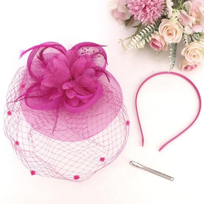 Semato Fascinators Hats for Women Mesh Feathers ElegantHot Pink Tea Party Kentucky Hat Derby Headband with Hair Clip - color: Hot Pink