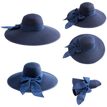 Lanzom Womens 5.7 Inches Big Bowknot Straw Hat Large Floppy Foldable Roll up Beach Cap Sun Hat UPF 50+ - color: Navy Blue