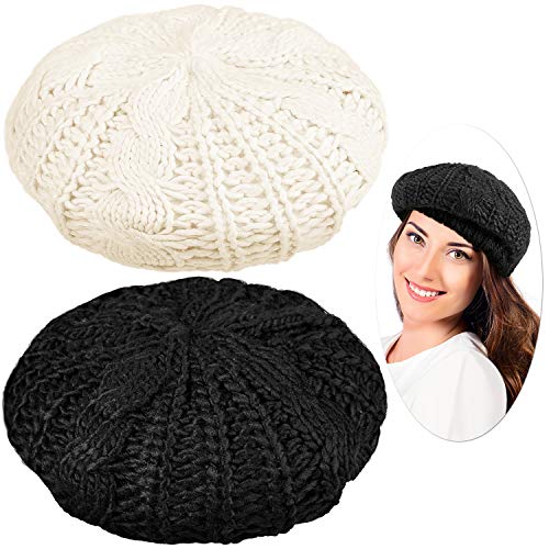 SATINIOR 2 Pcs Women Crochet Beret Solid Color Knit Beanie Hats Lightweight Ladies Slouchy French Beret Hats (Black, Beige)