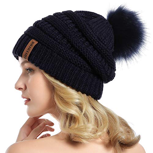Women Knit Slouchy Beanie Chunky Baggy Hat with Faux Fur Pompom Winter Soft Warm Ski Cap - color: Navy