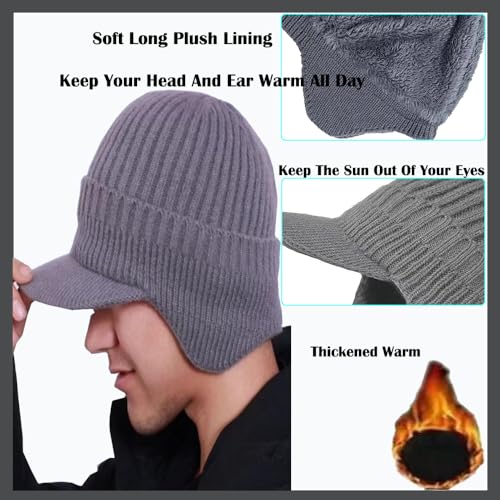 JHDESSLY Knit Beanies with Visor & Earflaps for Men and Women, Winter Hats Fleece Lined Hat Stocking Caps Soft Warm Headwear - color: Wine Red