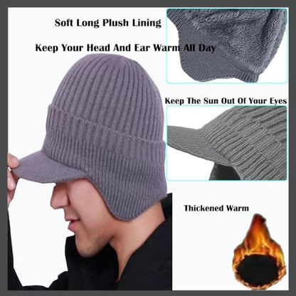 JHDESSLY Knit Beanies with Visor & Earflaps for Men and Women, Winter Hats Fleece Lined Hat Stocking Caps Soft Warm Headwear - color: Grey