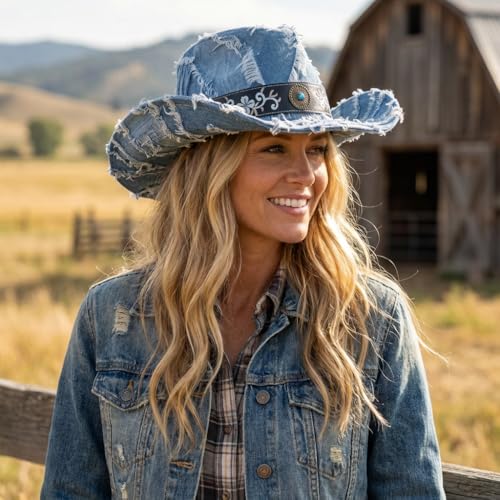 Western Cowboy Hat for Man Women Classic Cowgirl with Buckle Belt Shapeable Wide Brim Outback Hat - color: Blue