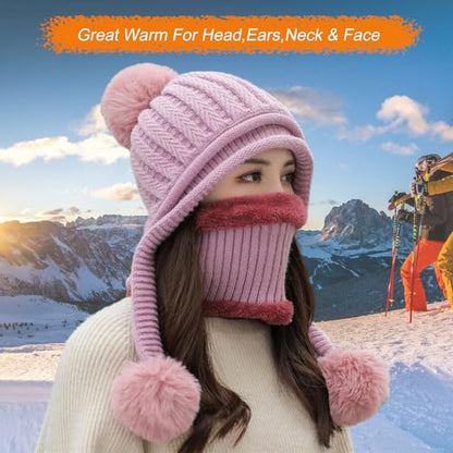 HUAMULAN Women Winter Knit Beanie Hat Circle Scarf Set Pompoms Ear Flaps - color: Mauve Pink