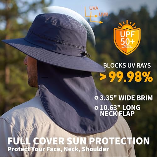 Connectyle Wide Brim Sun Hat for Men Women UPF 50+ Breathable Fishing Hat with Neck Flap Outdoor Hiking Safari Bucket Hats - color: Navy Blue