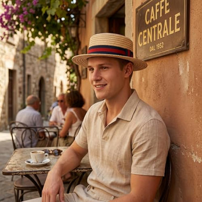 Straw Boater Hat for Men and Women, Flat Top Skimmer Hat for Amish Costumes - color: Redblue