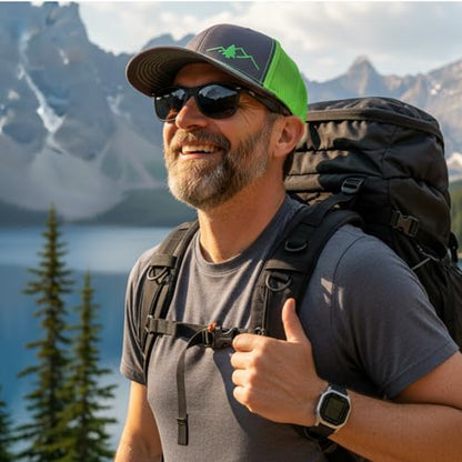 LINDO Trucker Hat [ Great Outdoors Design ] for Men and Women: Mid Profile Cap with Breathable Mesh Back and Adjustable Snap - color: Graphite/Neon