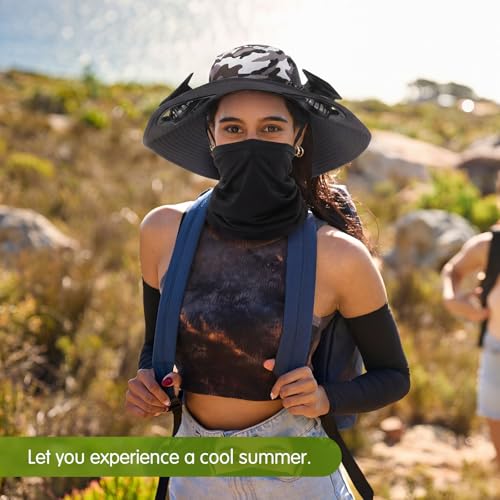 Syhood Solar Powered Fan Hat Neck Gaiter Arm Sleeves Sun Bucket Hat with Fan Cooling Wide Brim Hats for Fishing Hiking - color: Camouflage7, style: Classic