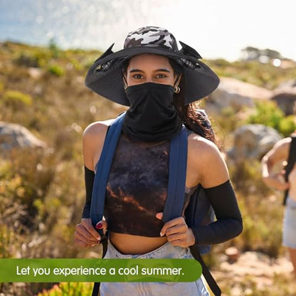 Syhood Solar Powered Fan Hat Neck Gaiter Arm Sleeves Sun Bucket Hat with Fan Cooling Wide Brim Hats for Fishing Hiking - color: Camouflage7, style: Classic