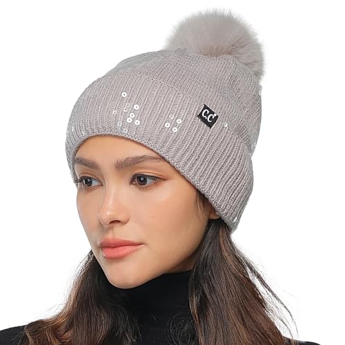 C.C Sequin Pom Beanie for Women - Acrylic Stretchable Soft Warm Knit Winter Skully Hat with Yarn Pom - color: Clear Sequin-lt. Grey