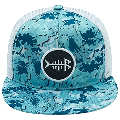 BASSDASH Flat Brim Trucker Cap Adjustable Snapback Hat Mesh Back for Men Women - color: Ocean Digital Camo