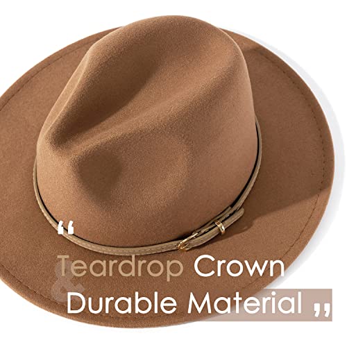 Lisianthus Women Classic Felt Fedora Wide Brim Hat with Belt Buckle - color: Khaki