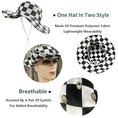 Funny Sun Hat for Men Women Wide Brim Bucket Hat Hiking Boonie Hat Summer Beach Fishing Caps - color: Black White Checkered