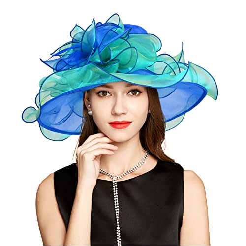 2026 Derby Hat, Classy Sun Hats for Women Ladies, Organza Feather Kentucky Fascinator for Tea Party Church UV Protection - color: D2867-blue + Green