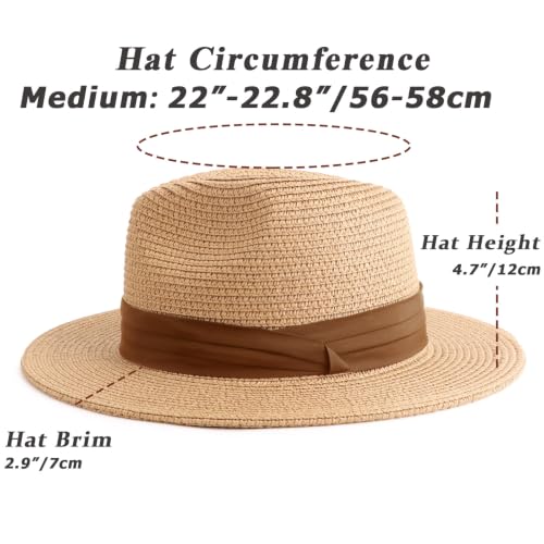 DRESHOW Women Straw Panama Hat Travel Fedora Beach Sun Hat Summer Wide Brim Straw Roll up Hats UPF 50+ - color: Fedora Hat: Khaki (Brown Ribbon)