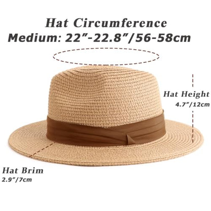 DRESHOW Women Straw Panama Hat Travel Fedora Beach Sun Hat Summer Wide Brim Straw Roll up Hats UPF 50+ - color: Fedora Hat: Khaki (Brown Ribbon)